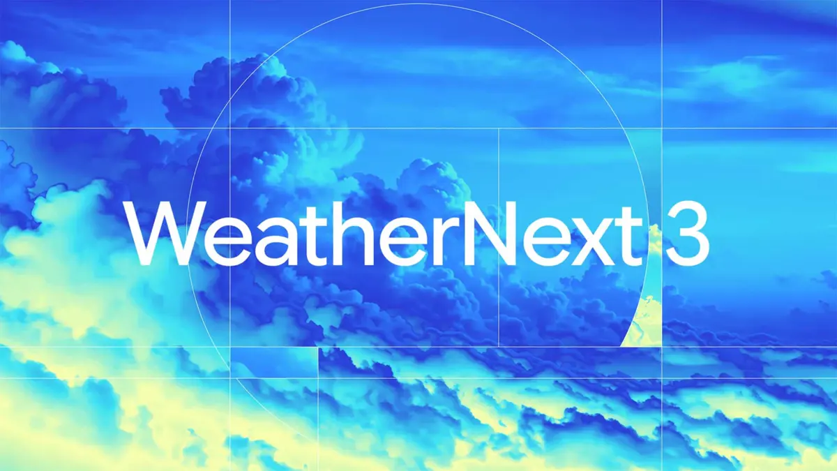 WeatherNext 3 branding over a saturated cloud image representing Google DeepMind's most advanced AI weather forecasting model