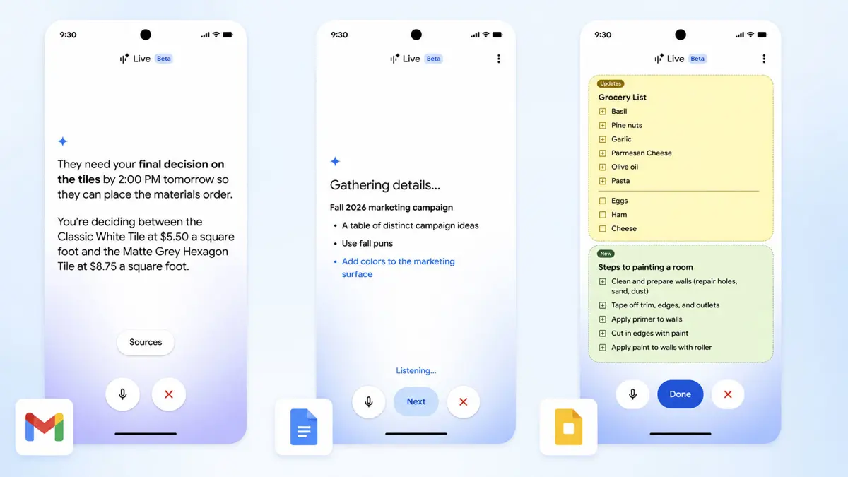 Google Workspace voice features hero image showing Gmail, Docs, and Keep with Gemini Audio voice interaction