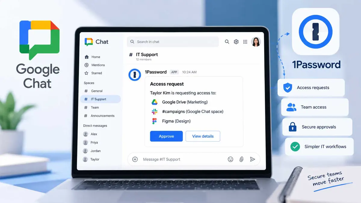 1Password app interface concept inside Google Chat showing an employee access request and approval workflow