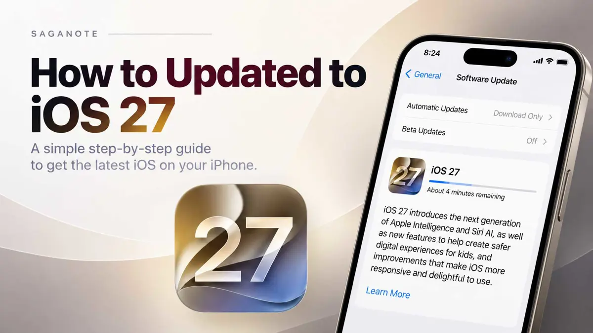 Six-step iPhone guide showing Settings, General, Software Update, iOS 27, terms acceptance, and installation progress.
