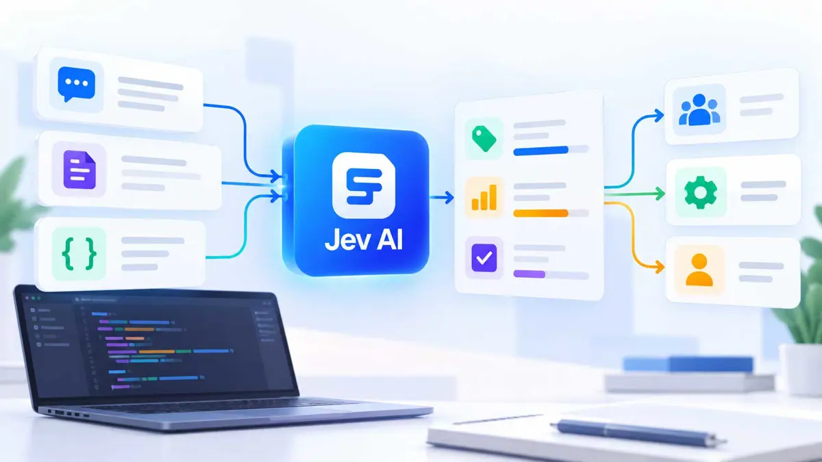 Illustration showing a developer workflow for using Jev AI to turn application state into typed decisions