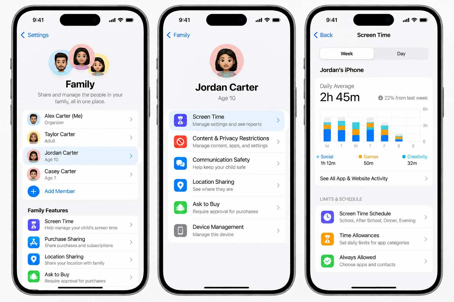 iOS 27 Screen Time Schedule and Time Allowances controls for a child's iPhone
