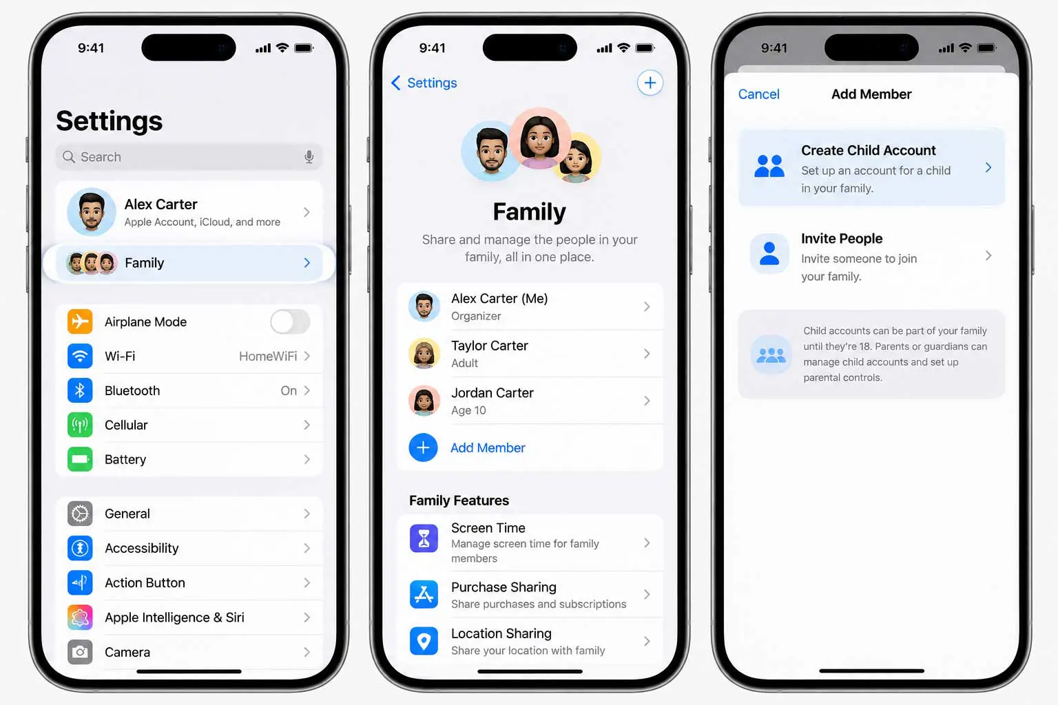 iPhone Settings showing the Family screen and Create Child Account option in iOS 27