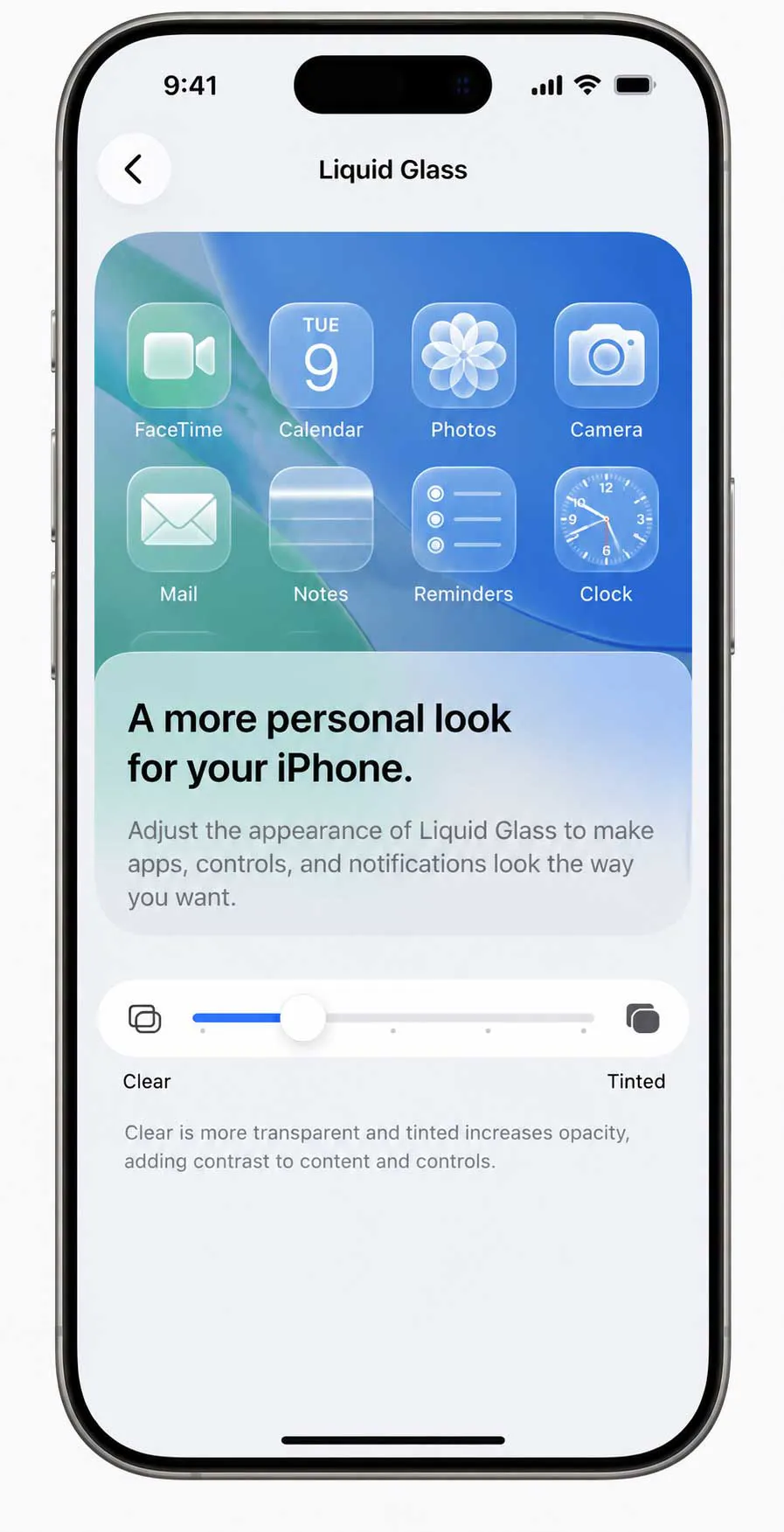 iOS 27 Liquid Glass interface showing the new transparency control and refined app icons.