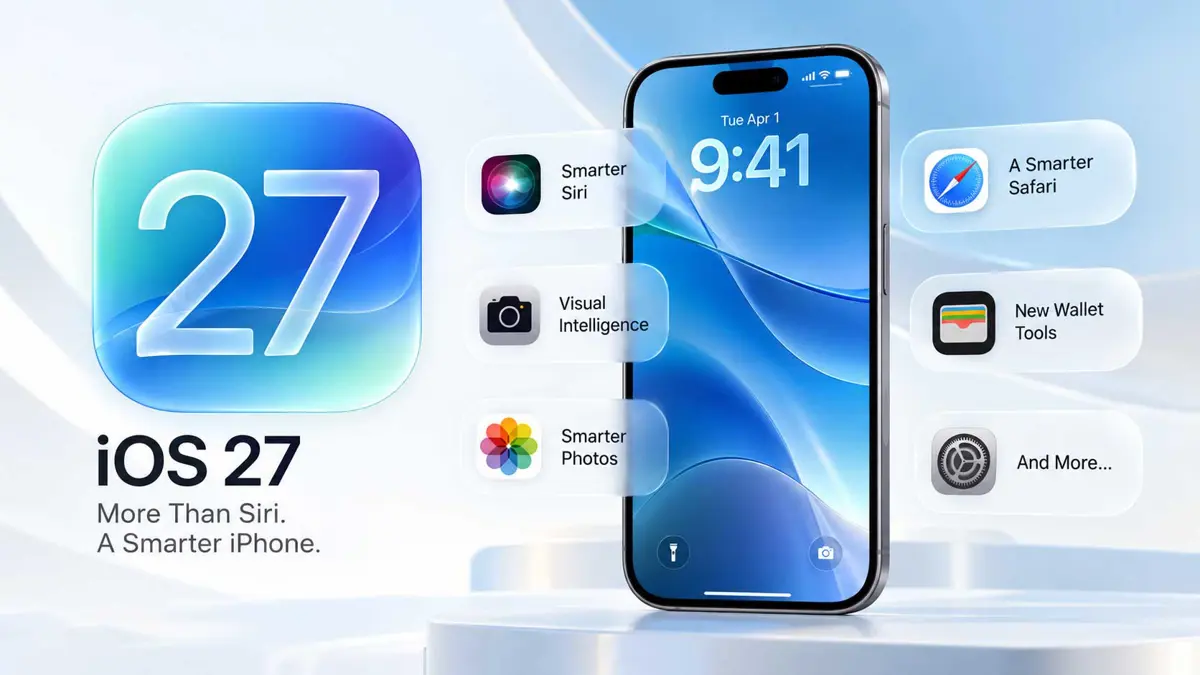 Saganote editorial illustration of an iPhone running iOS 27 with the 27 icon and a selection of new iPhone features.