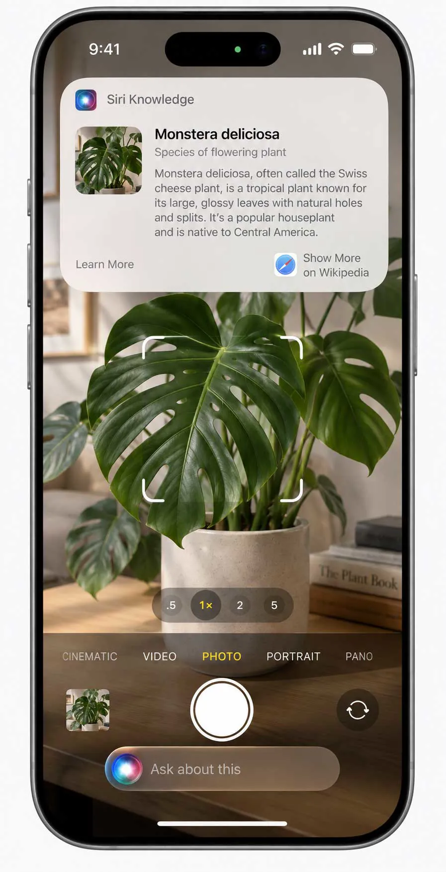 iPhone Camera viewfinder using Siri mode in iOS 27 to identify an object and provide information.
