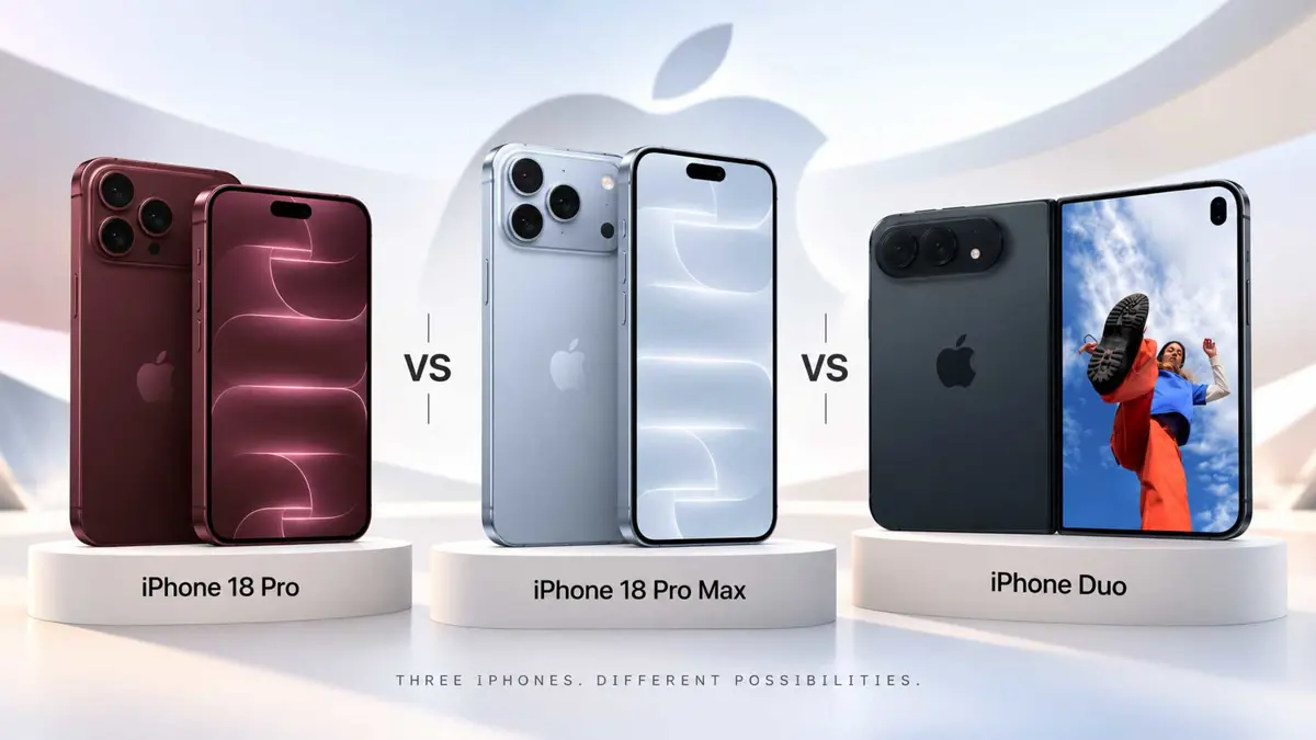 iPhone 18 Pro, iPhone 18 Pro Max, and iPhone Duo arranged together for a comparison.
