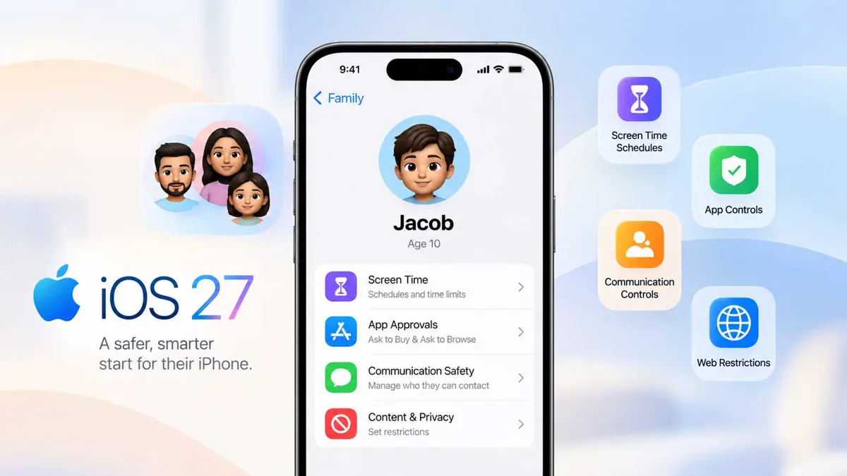 iPhone showing iOS 27 Family Sharing and parental controls for a child's account