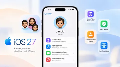 iPhone showing iOS 27 Family Sharing and parental controls for a child's account