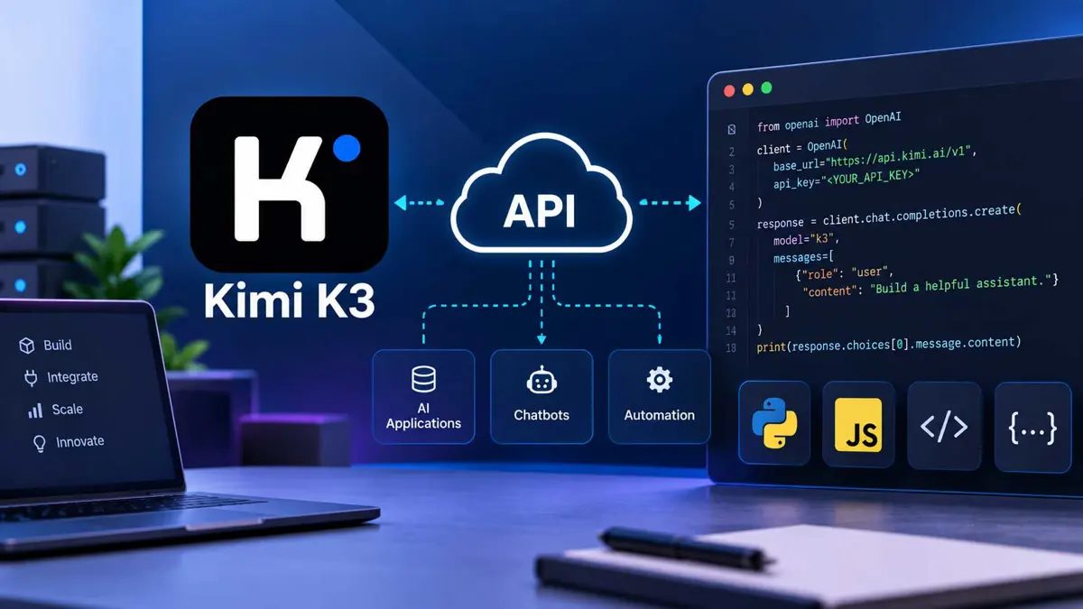 Kimi K3 API integration shown in a developer terminal and code editor with the K3 model selected