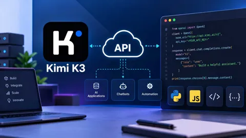 Kimi K3 API integration shown in a developer terminal and code editor with the K3 model selected