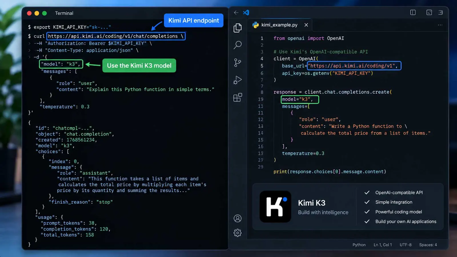 Terminal and code editor showing an OpenAI-compatible Kimi K3 API request with the k3 model selected