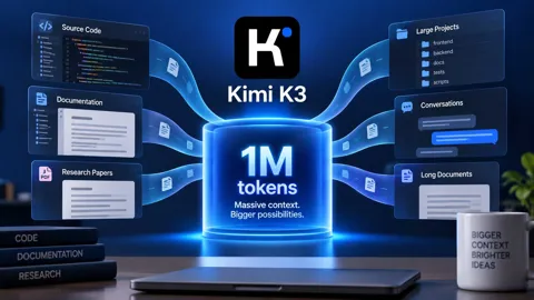 Kimi K3 context window illustration showing a 1M-token model handling large codebases and long documents