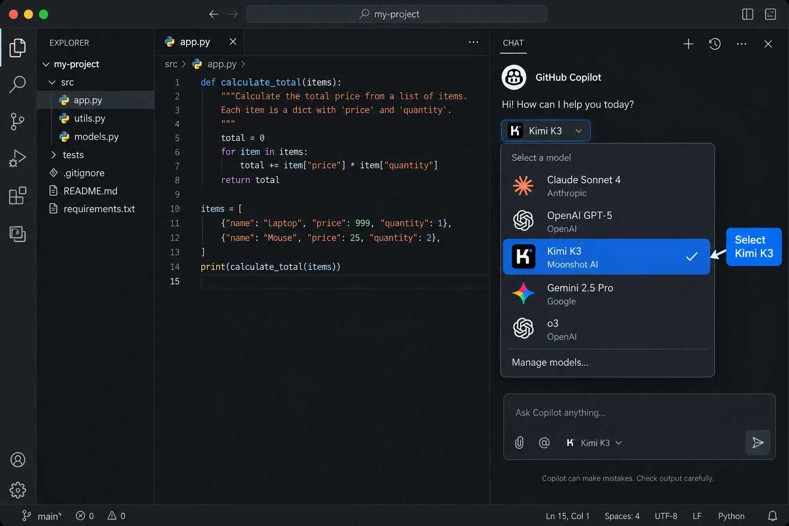 GitHub Copilot Chat model picker in VS Code with Kimi K3 selected