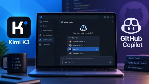 Kimi K3 selected inside GitHub Copilot on a developer workstation, illustrating AI-assisted coding with Kimi K3