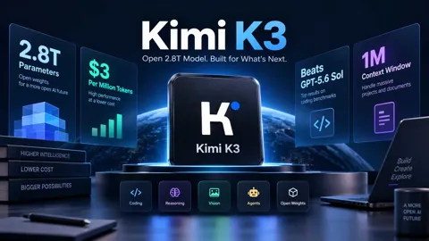 Kimi K3 launch hero visual showing the model name against a dark gradient background