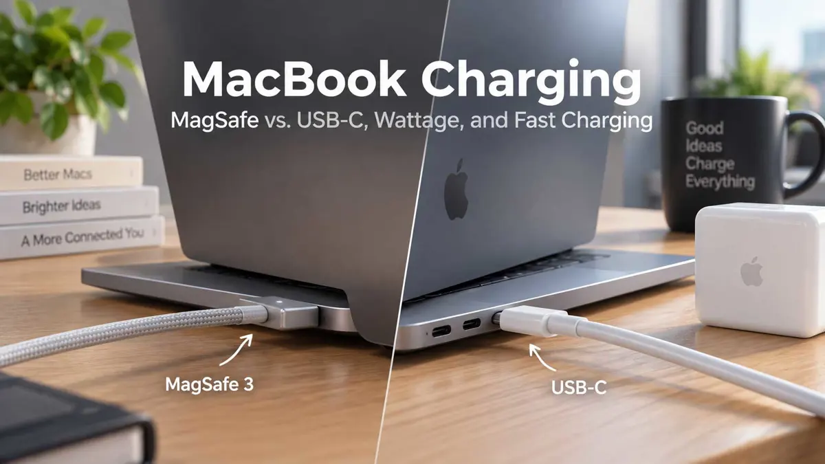 MacBook charging setup showing MagSafe 3 and USB-C charging options