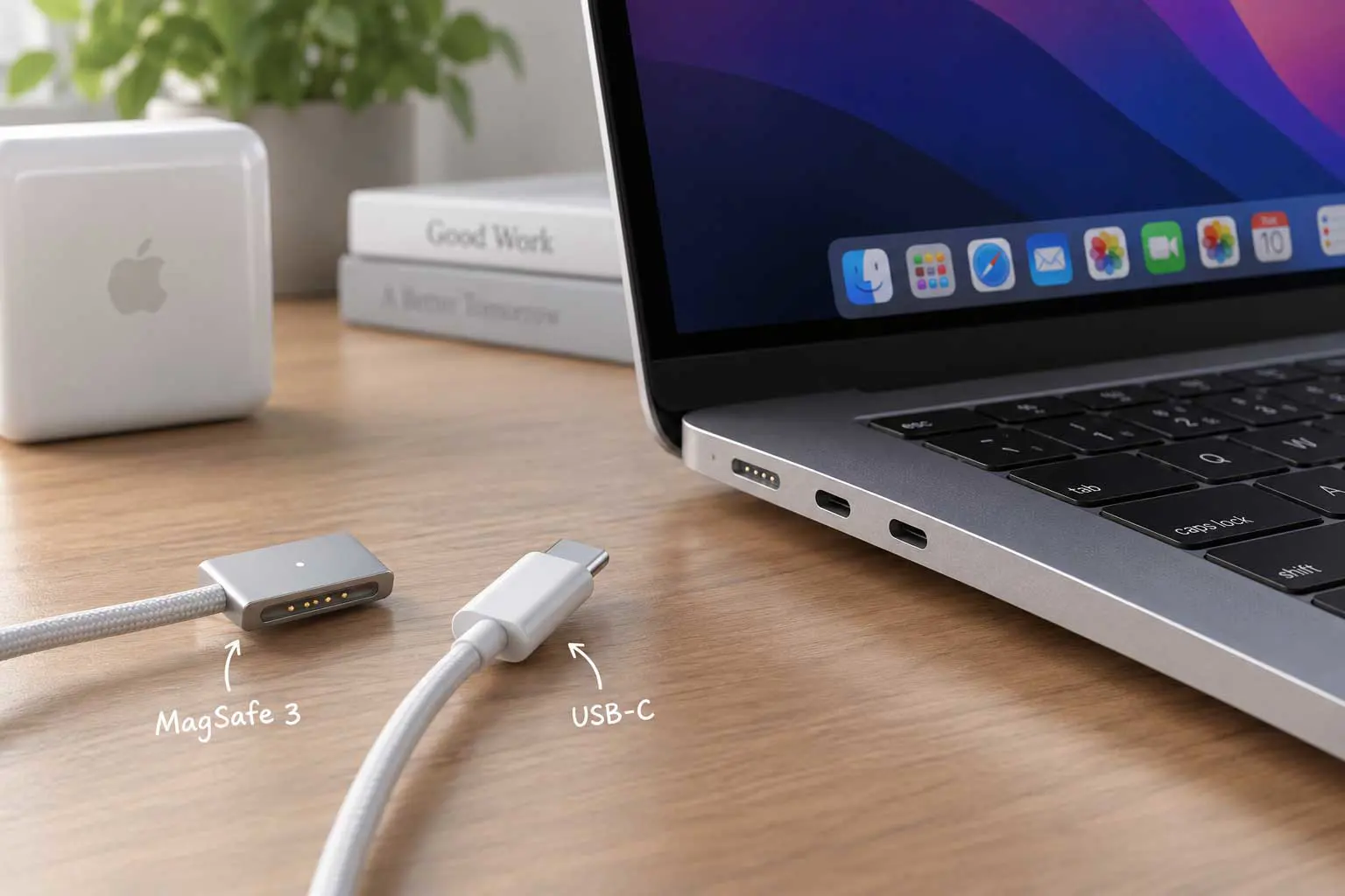 MacBook showing MagSafe 3 and USB-C charging connections side by side