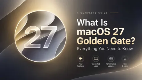 macOS 27 Golden Gate with a glossy 27 icon over a blue Liquid Glass-inspired landscape.
