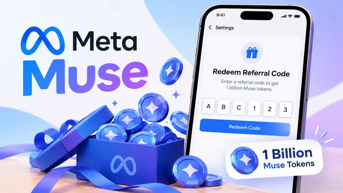 Meta Muse referral code concept showing a Muse invite code, token bonus, and redemption flow