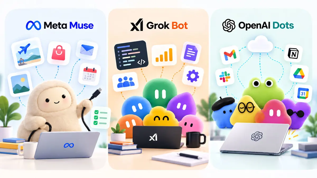 Comparing Meta Muse, Grok Bot, and OpenAI Dots as persistent AI agents working across personal and professional tasks