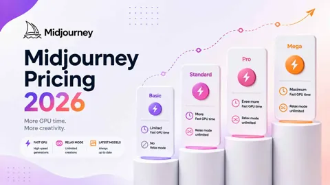 Four ascending pricing cards beside a violet panel reading Midjourney Pricing 2026