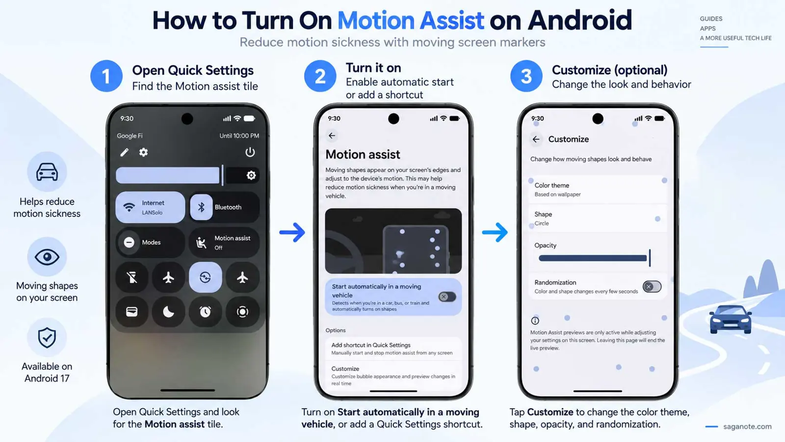Saganote step-by-step guide showing how to open Motion Assist on Android, enable automatic activation, and customize the moving bubbles.