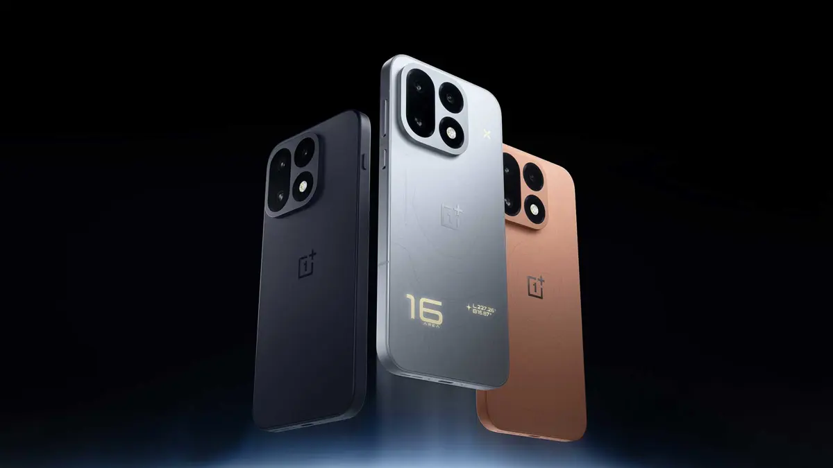 OnePlus 16 smartphone shown in a premium studio-style scene with its newly revealed rear design.