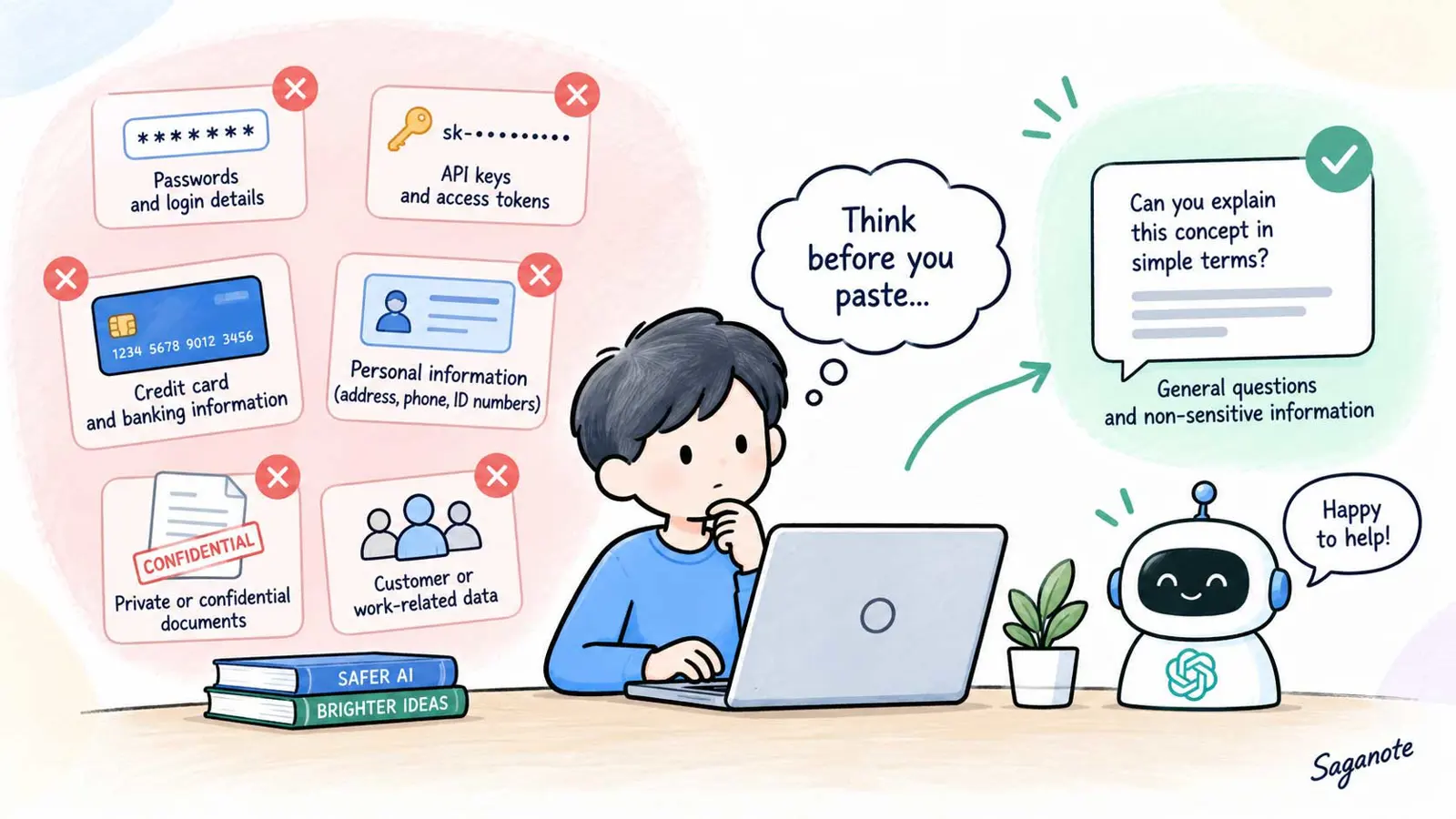 Sensitive information such as passwords, API keys, and personal data that should not be shared with AI chatbots