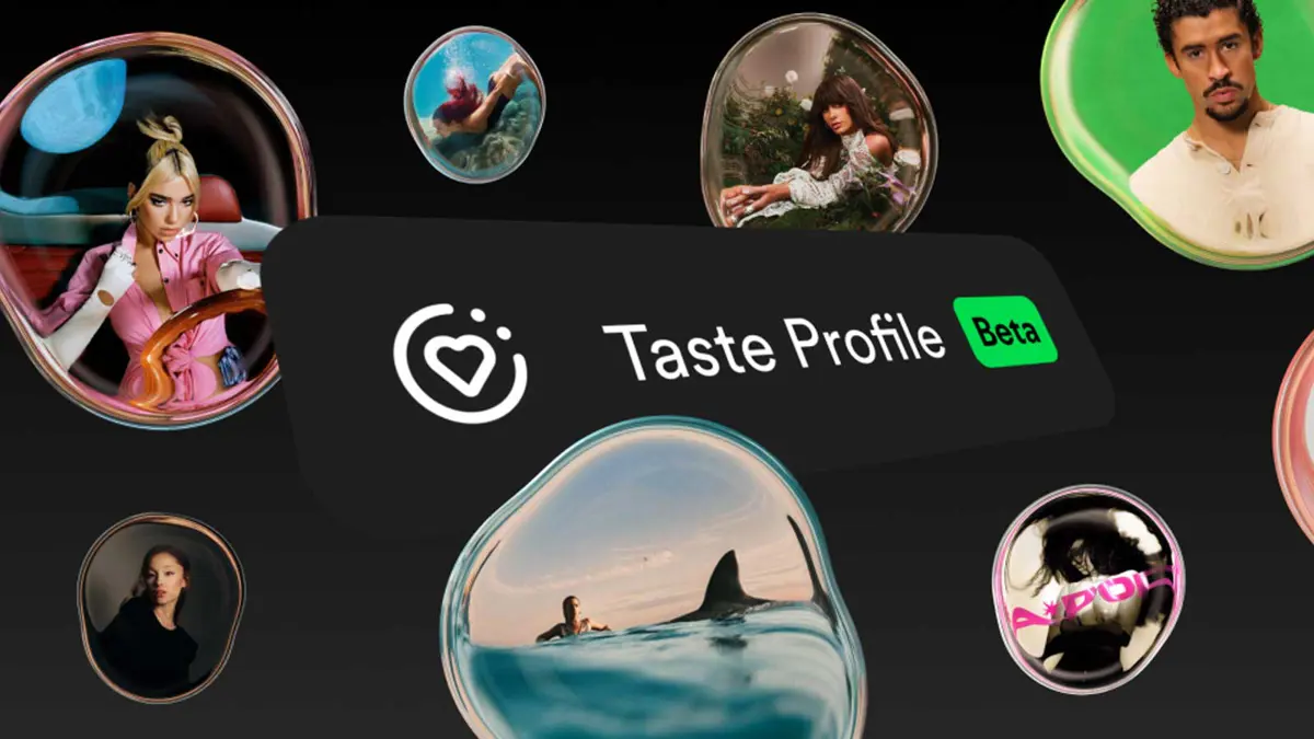 Spotify Taste Profile interface shown on a smartphone with recommendation controls highlighted