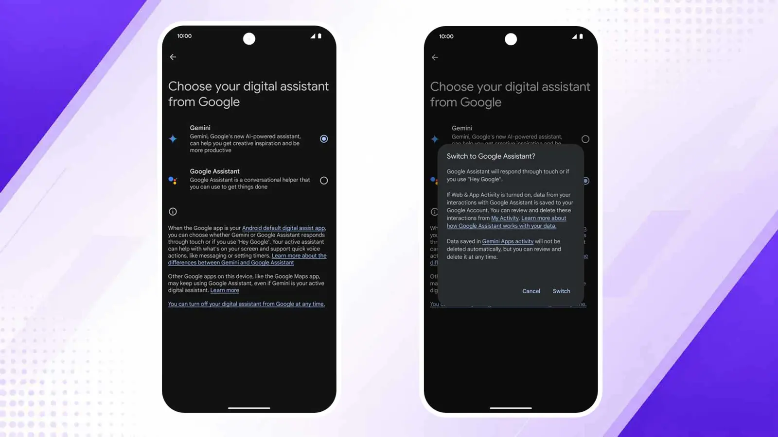 Android screen showing the option to switch from Gemini to Google Assistant