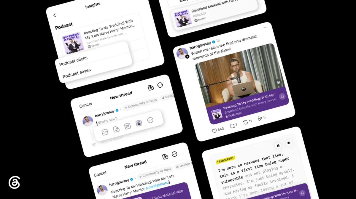 Threads podcast tools shown in a social media interface with episode links, transcripts, guest cards, and creator insights.