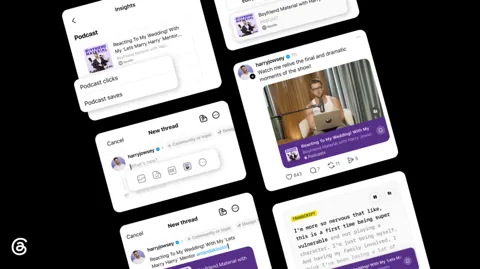 Threads podcast tools shown in a social media interface with episode links, transcripts, guest cards, and creator insights.