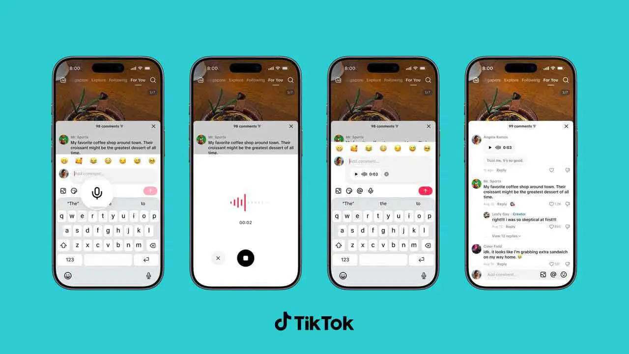 TikTok app interface showing new comment formats including voice message, poll, and photo carousel options