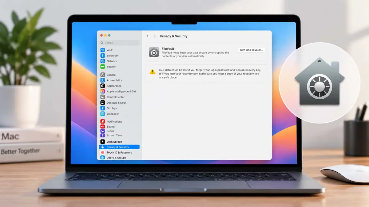Mac laptop showing FileVault security settings in macOS System Settings