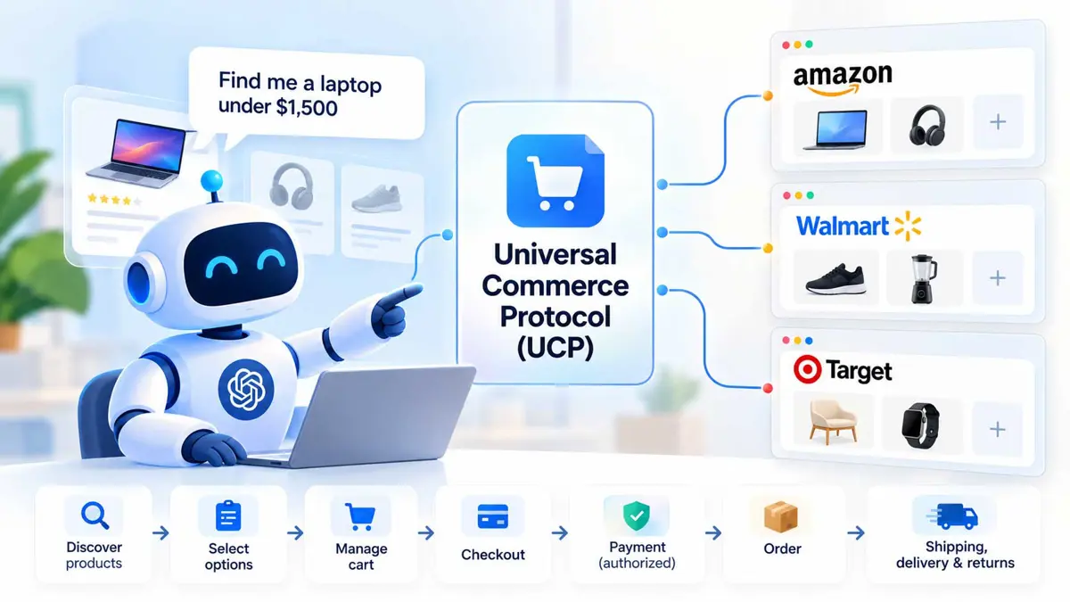 AI agent connecting to merchants through the Universal Commerce Protocol for product discovery, checkout, payment, and order tracking