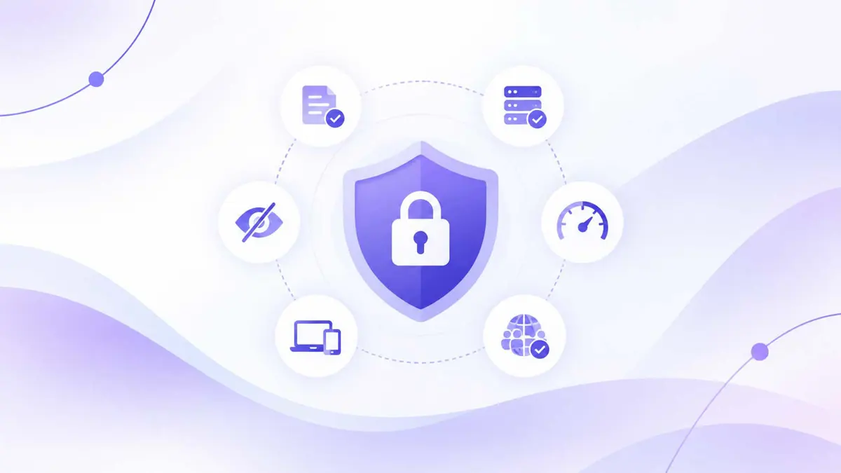 VPN evaluation criteria represented as glowing checklist nodes