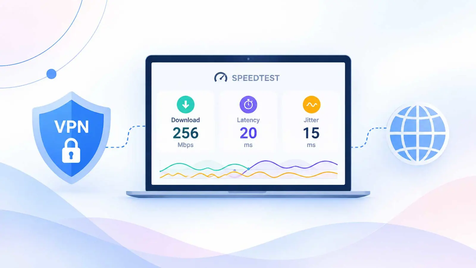 VPN speed metrics including download speed, latency and jitter measurements