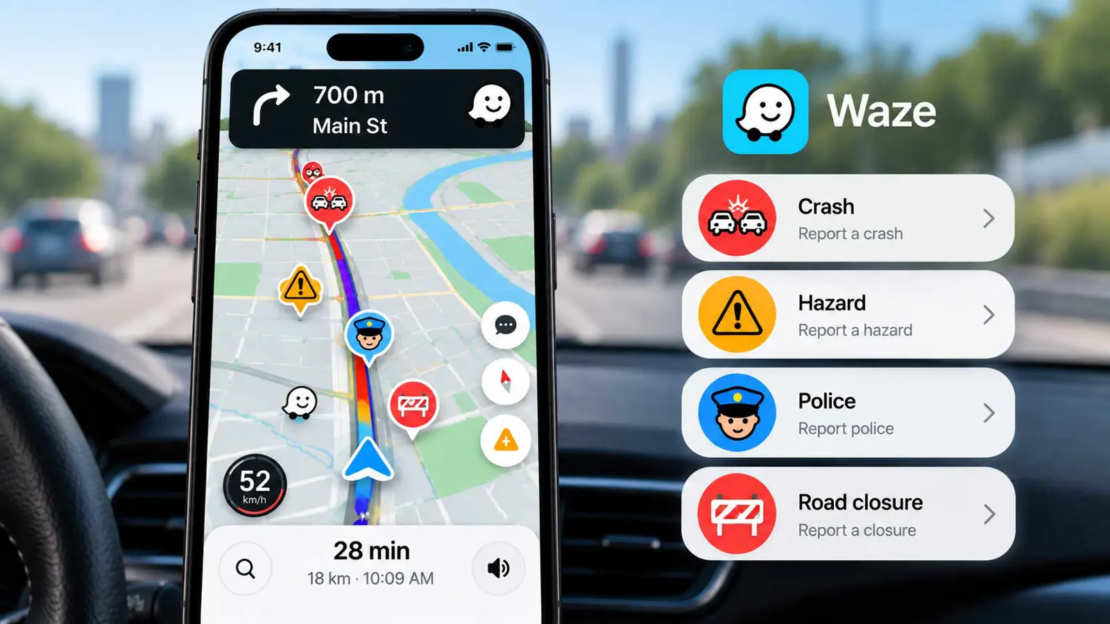 Showing Waze navigation with live traffic, crash, hazard, and road closure alerts