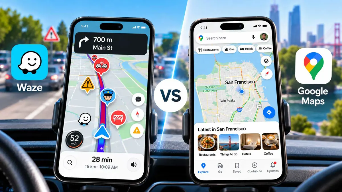 Editorial illustration comparing Waze and Google Maps navigation styles on a car dashboard