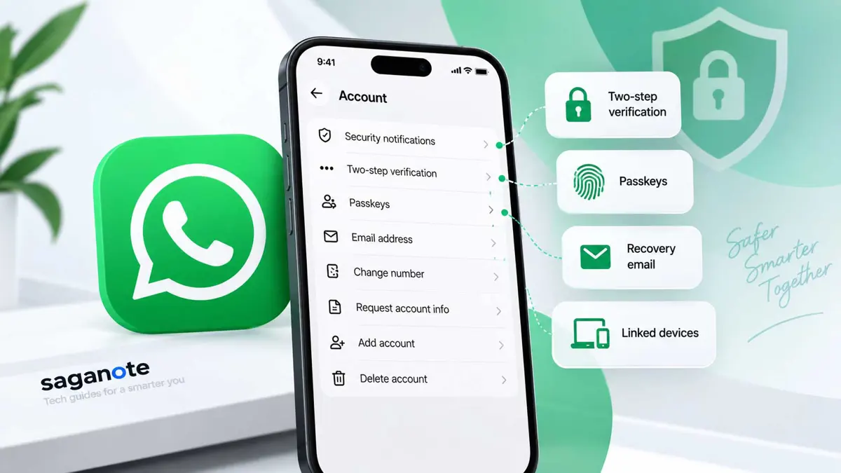 WhatsApp account security settings shown on a smartphone with security controls highlighted.