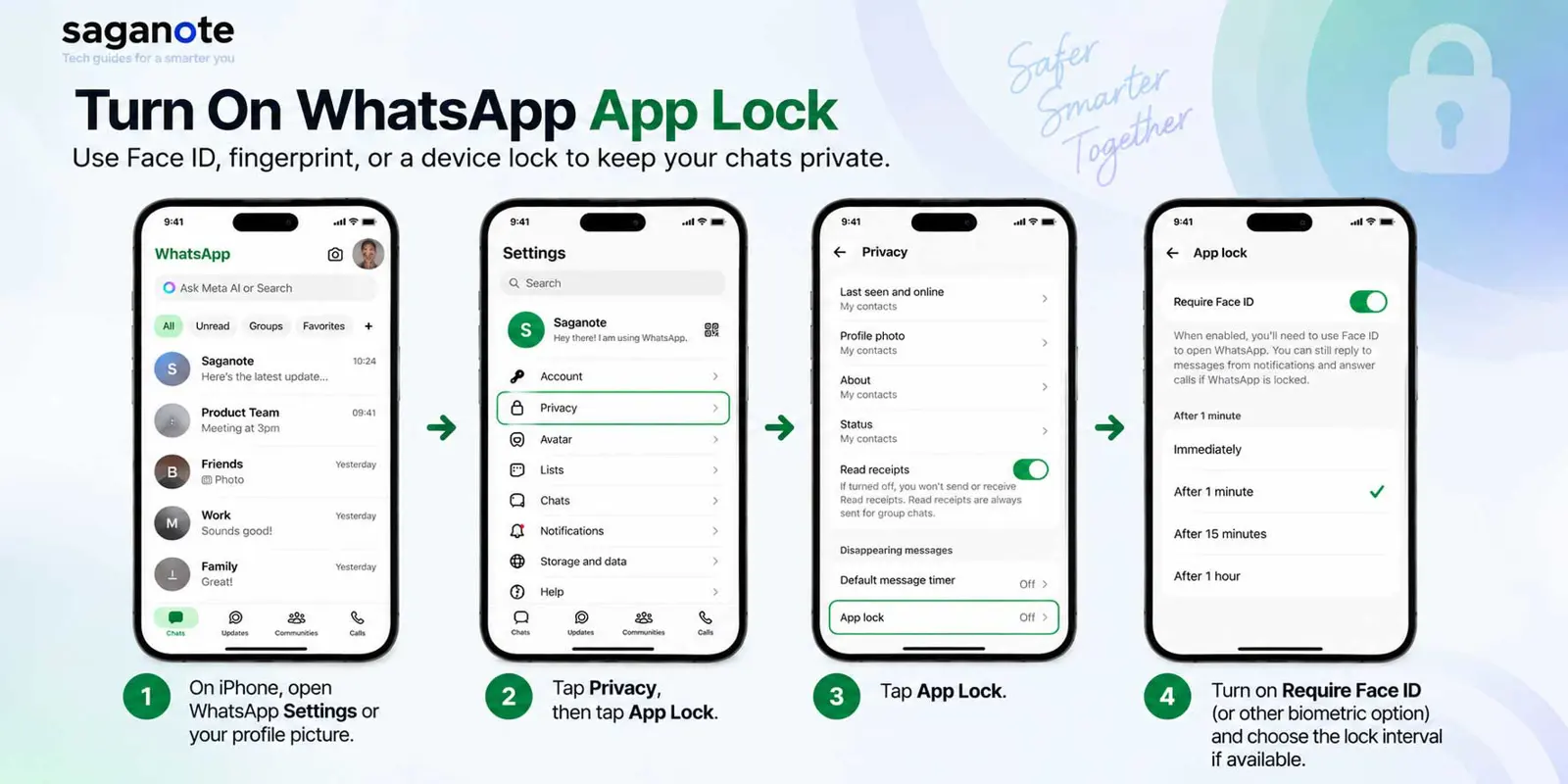 WhatsApp Privacy settings showing App Lock and biometric protection.