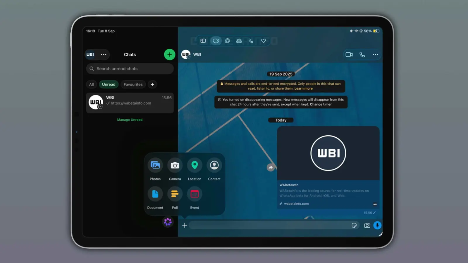 WhatsApp iPad showing the new Mac-style navigation sidebar.