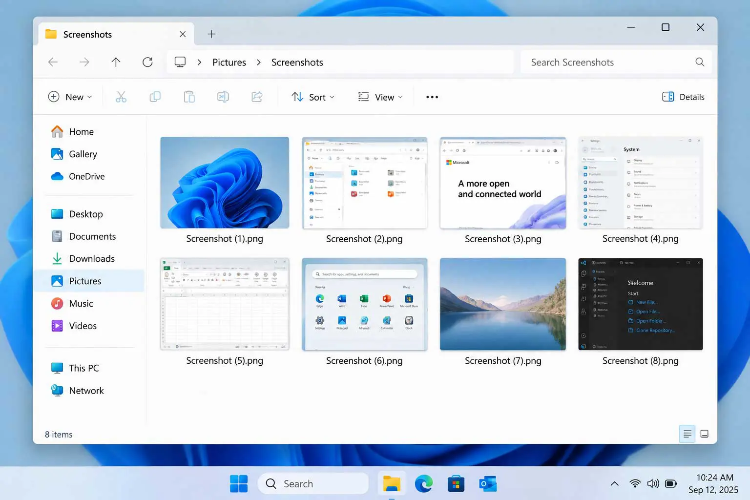 Windows 11 File Explorer showing the Pictures Screenshots folder with captured images.