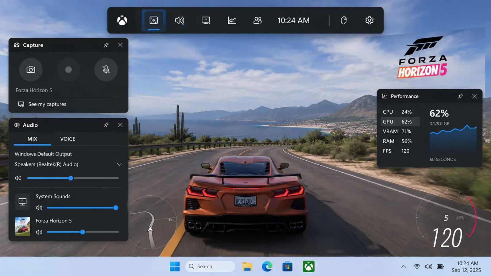 Windows Xbox Game Bar showing capture controls over a game or app window.