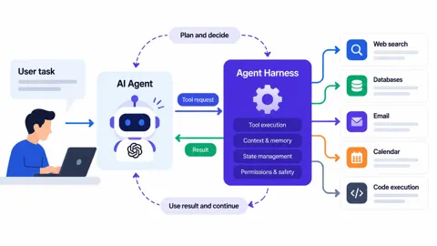 Flat illustration of an AI model connected to tools, context, and a feedback loop by an agent harness