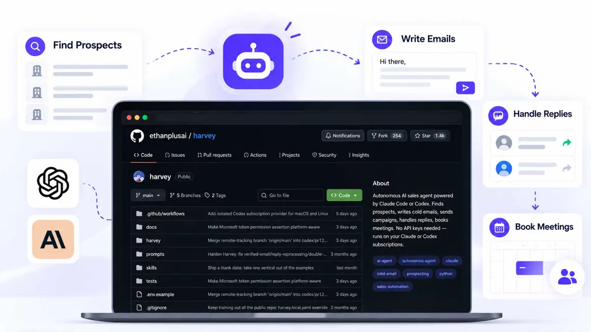 Illustration of the Harvey AI sales agent GitHub repository on a laptop, with connected workflows for finding prospects, writing emails, handling replies, and booking meetings