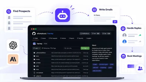 Illustration of the Harvey AI sales agent GitHub repository on a laptop, with connected workflows for finding prospects, writing emails, handling replies, and booking meetings