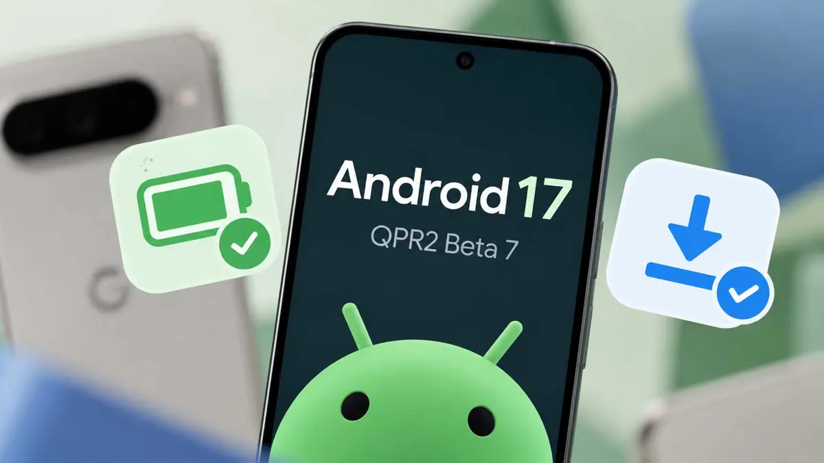 Google Pixel phone beside an Android 17 beta update symbol