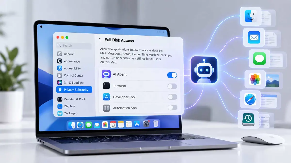 MacBook with a macOS privacy permission interface representing Apple's new Full Disk Access controls for AI agents